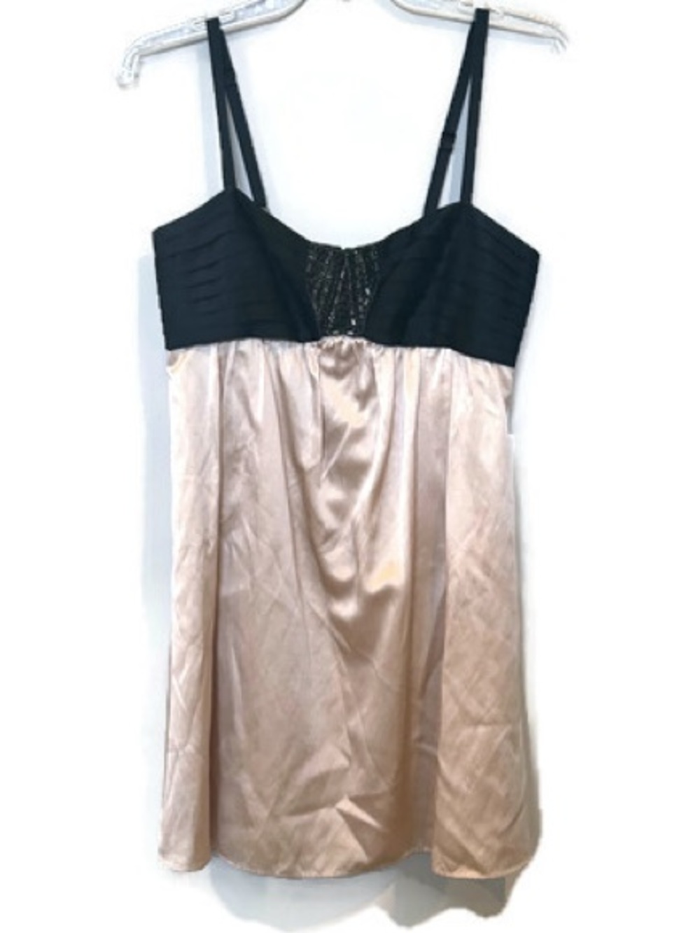 BCBGMAXAZRIA Silk Babydoll Dress Beaded Empire Waist Champagne Black Y2K